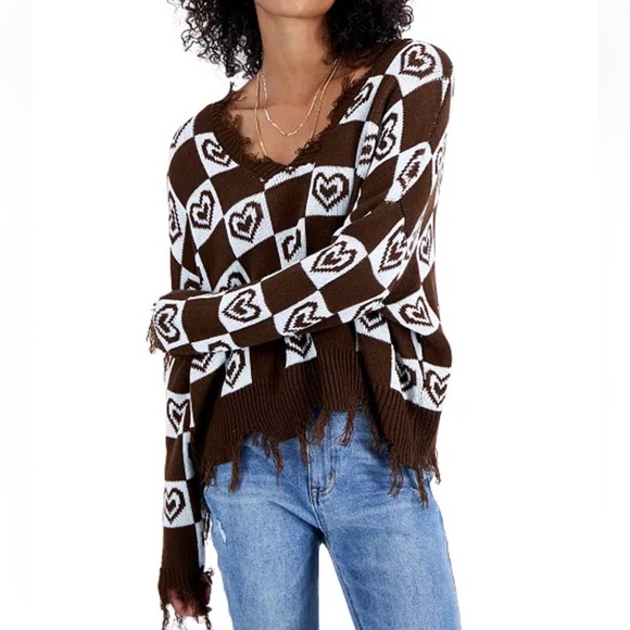 JUST POLLY Brown and White Heart Pattern Sweater M - Picture 1 of 6